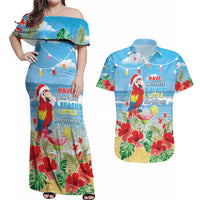 Hawaii Christmas Couples Matching Off Shoulder Maxi Dress and Hawaiian Shirt Funny Macaw Parrot Tropical Vibe LT05 Blue - Polynesian Pride