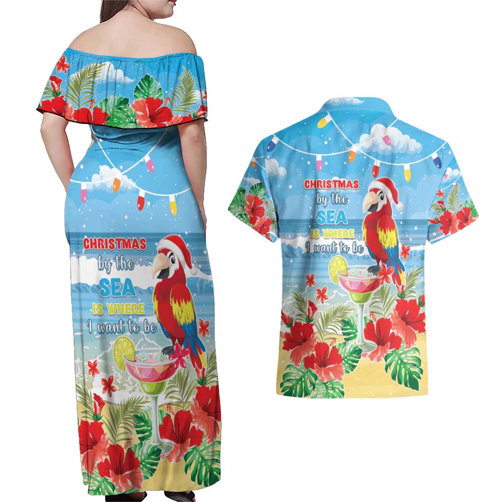 Hawaii Christmas Couples Matching Off Shoulder Maxi Dress and Hawaiian Shirt Funny Macaw Parrot Tropical Vibe LT05 - Polynesian Pride
