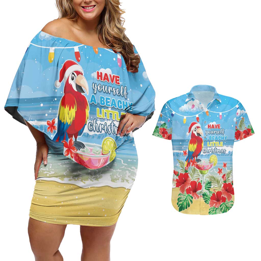 Hawaii Christmas Couples Matching Off Shoulder Short Dress and Hawaiian Shirt Funny Macaw Parrot Tropical Vibe LT05 Blue - Polynesian Pride