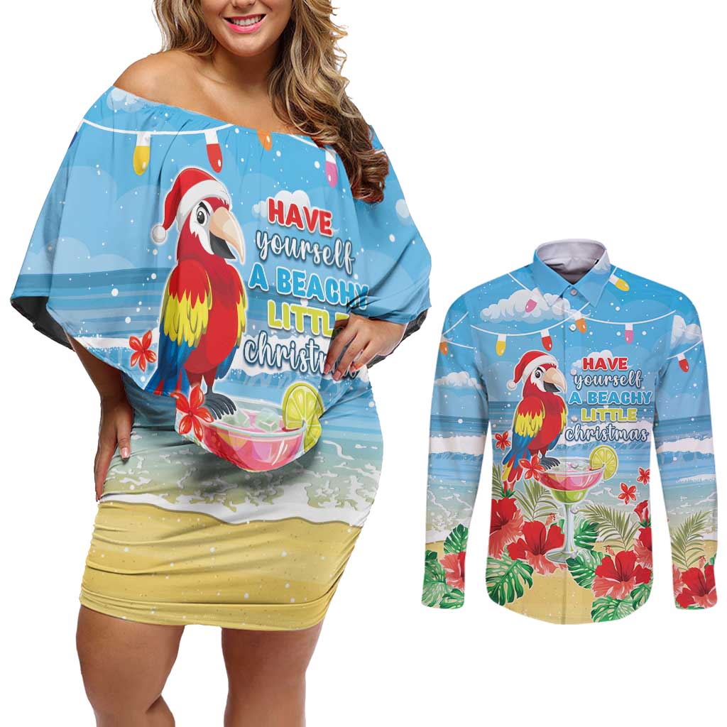 Hawaii Christmas Couples Matching Off Shoulder Short Dress and Long Sleeve Button Shirt Funny Macaw Parrot Tropical Vibe