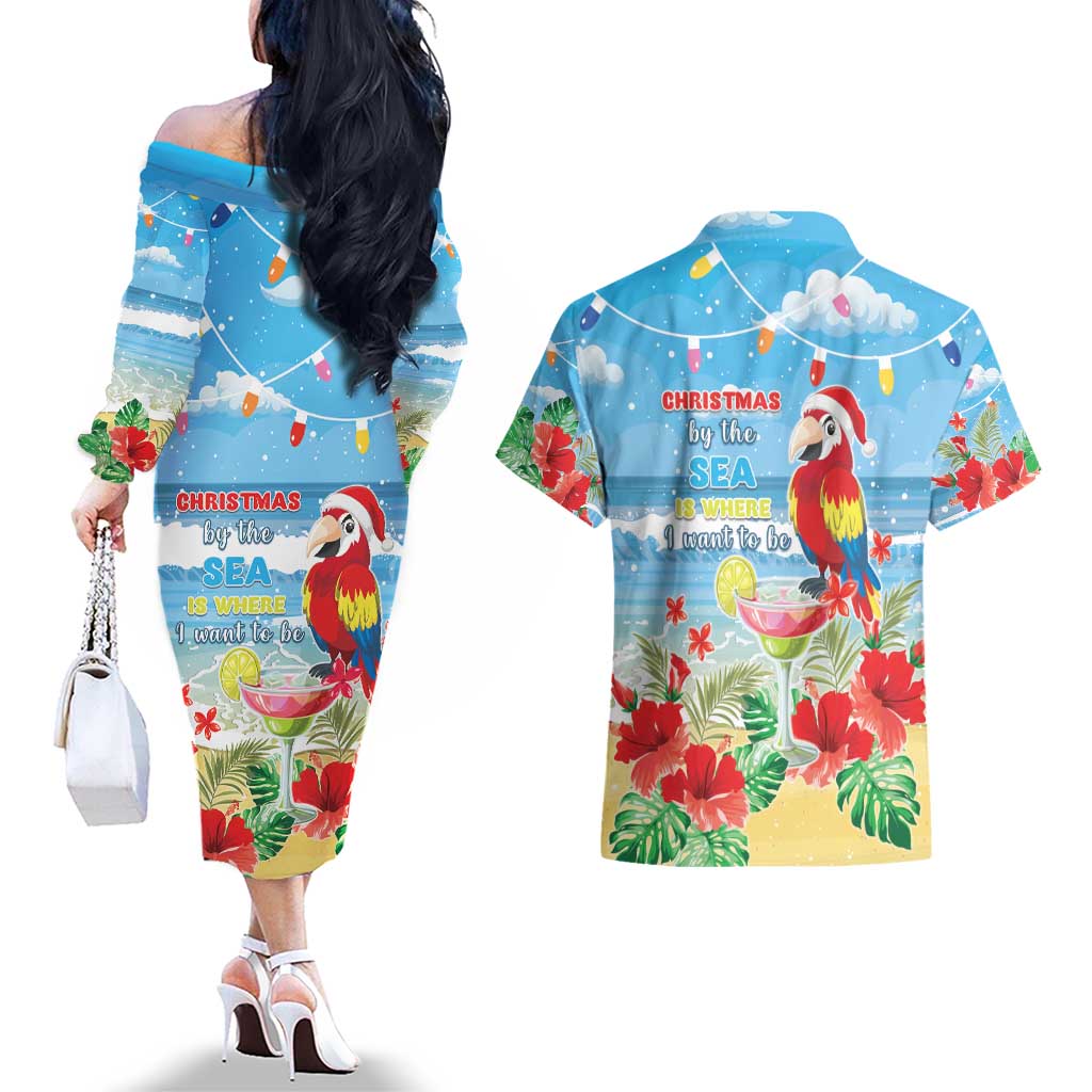 Hawaii Christmas Couples Matching Off The Shoulder Long Sleeve Dress and Hawaiian Shirt Funny Macaw Parrot Tropical Vibe