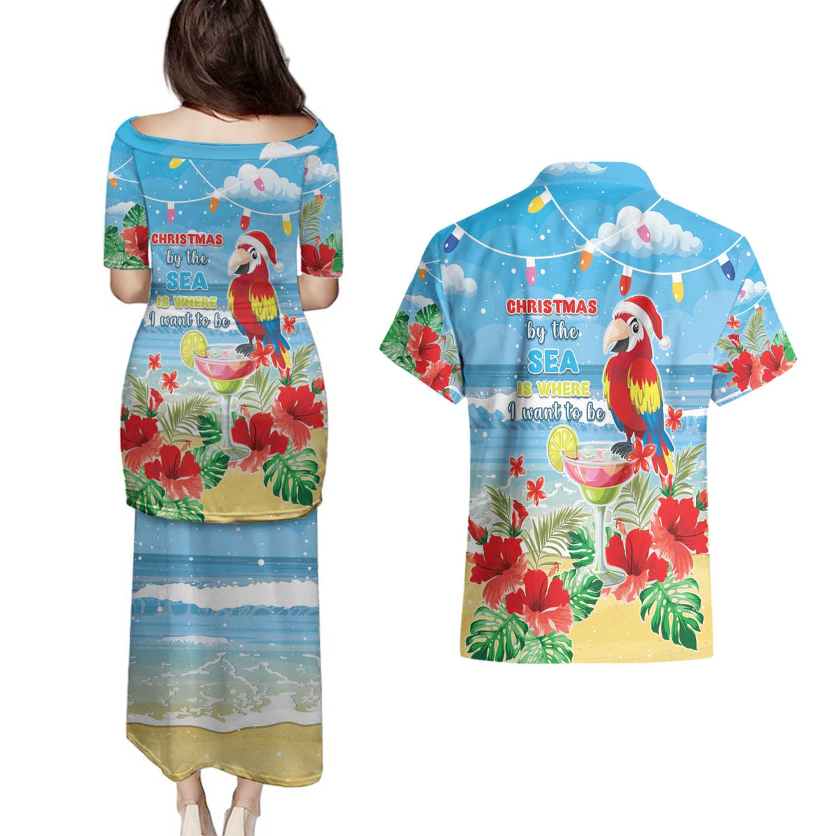 Hawaii Christmas Couples Matching Puletasi and Hawaiian Shirt Funny Macaw Parrot Tropical Vibe