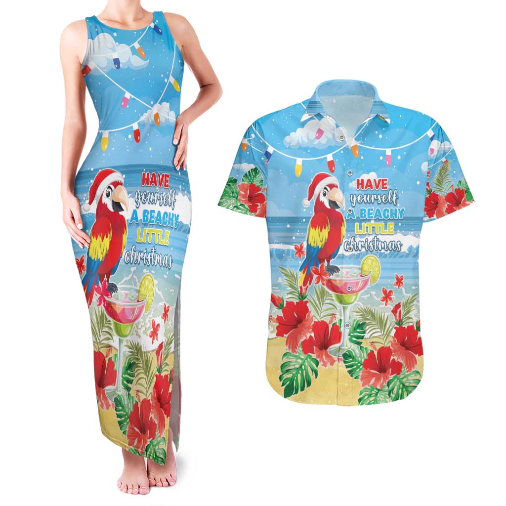 Hawaii Christmas Couples Matching Tank Maxi Dress and Hawaiian Shirt Funny Macaw Parrot Tropical Vibe