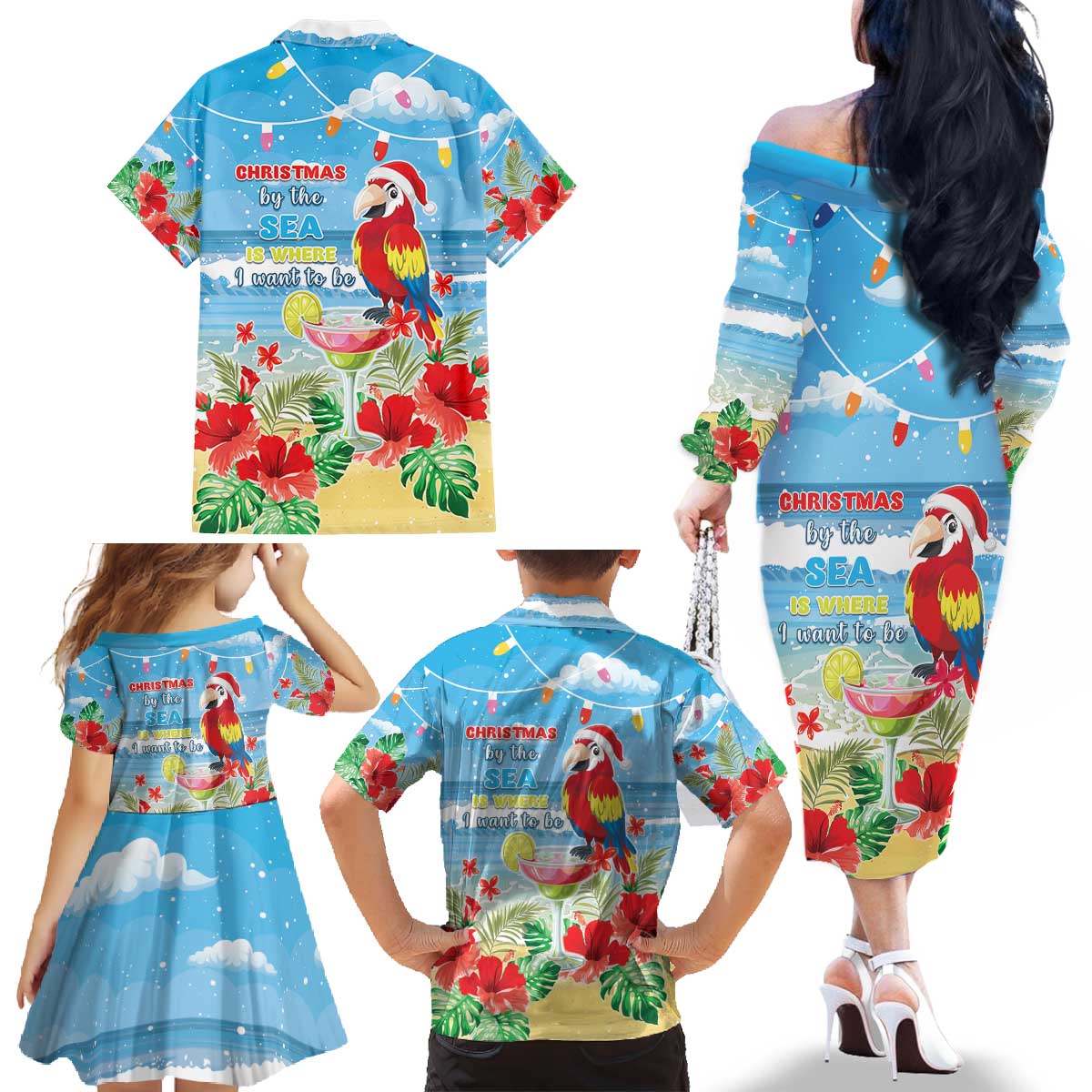Hawaii Christmas Family Matching Off The Shoulder Long Sleeve Dress and Hawaiian Shirt Funny Macaw Parrot Tropical Vibe LT05 - Polynesian Pride