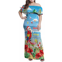 Hawaii Christmas Family Matching Off Shoulder Maxi Dress and Hawaiian Shirt Funny Macaw Parrot Tropical Vibe LT05 Mom's Dress Blue - Polynesian Pride