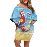 Hawaii Christmas Family Matching Off Shoulder Short Dress and Hawaiian Shirt Funny Macaw Parrot Tropical Vibe LT05 Mom's Dress Blue - Polynesian Pride