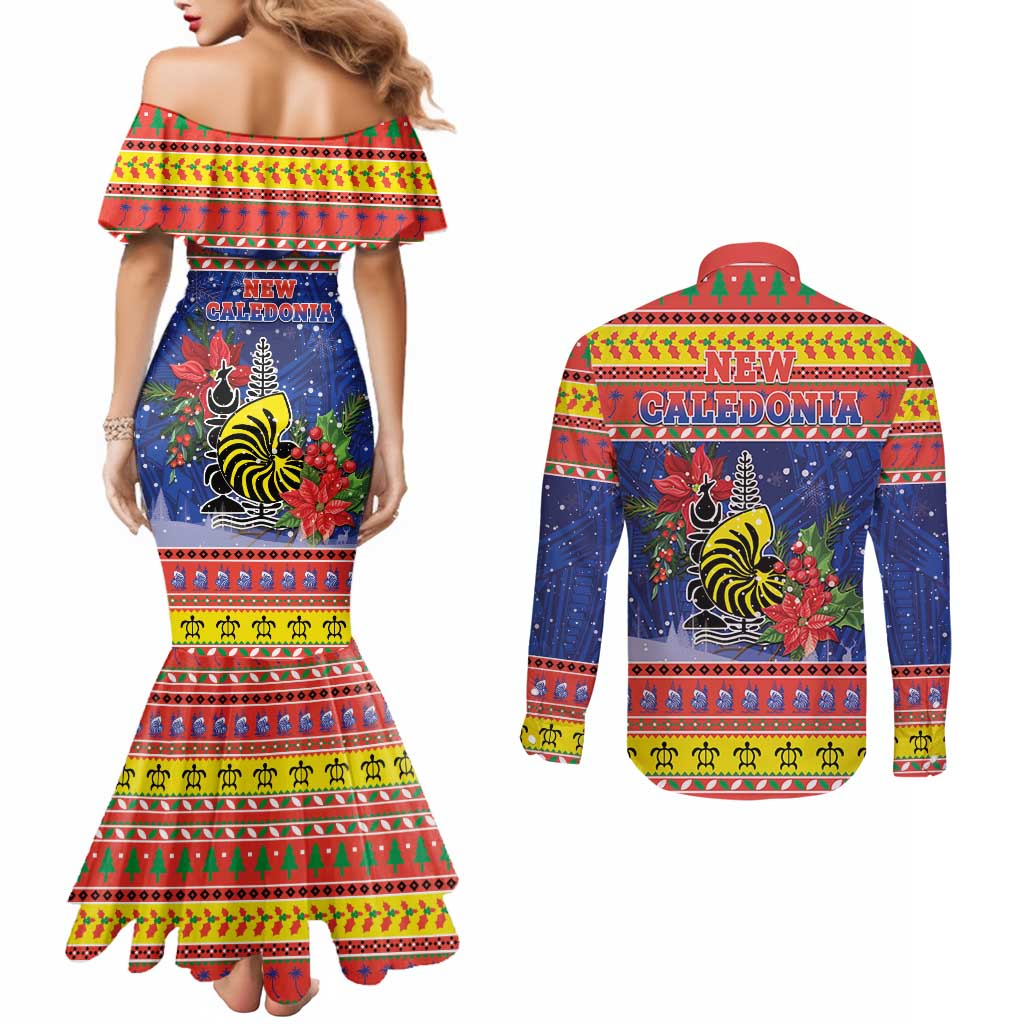 New Caledonia Christmas Couples Matching Mermaid Dress and Long Sleeve Button Shirt Kanaky Poinsettia Joyeux Noel LT05 - Polynesian Pride