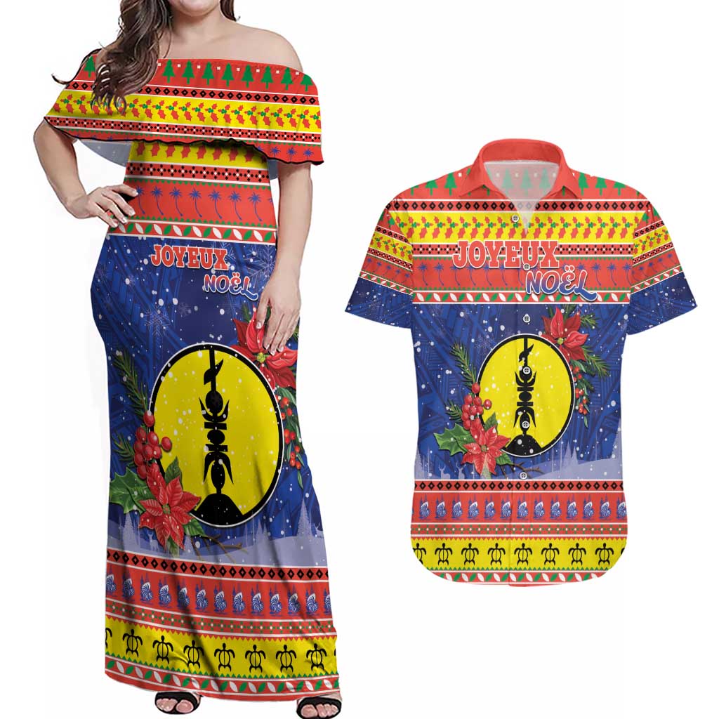 New Caledonia Christmas Couples Matching Off Shoulder Maxi Dress and Hawaiian Shirt Kanaky Poinsettia Joyeux Noel LT05 Red - Polynesian Pride