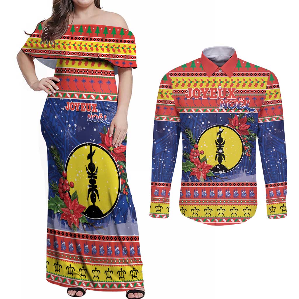 New Caledonia Christmas Couples Matching Off Shoulder Maxi Dress and Long Sleeve Button Shirt Kanaky Poinsettia Joyeux Noel LT05 Red - Polynesian Pride