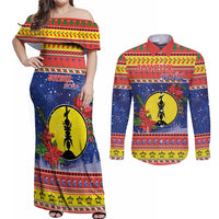 New Caledonia Christmas Couples Matching Off Shoulder Maxi Dress and Long Sleeve Button Shirt Kanaky Poinsettia Joyeux Noel LT05 Red - Polynesian Pride