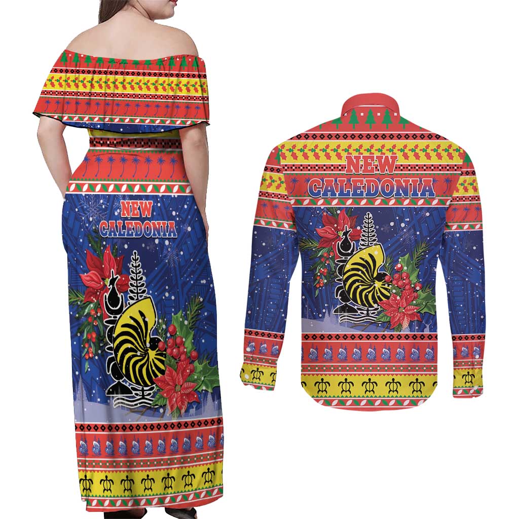 New Caledonia Christmas Couples Matching Off Shoulder Maxi Dress and Long Sleeve Button Shirt Kanaky Poinsettia Joyeux Noel LT05 - Polynesian Pride