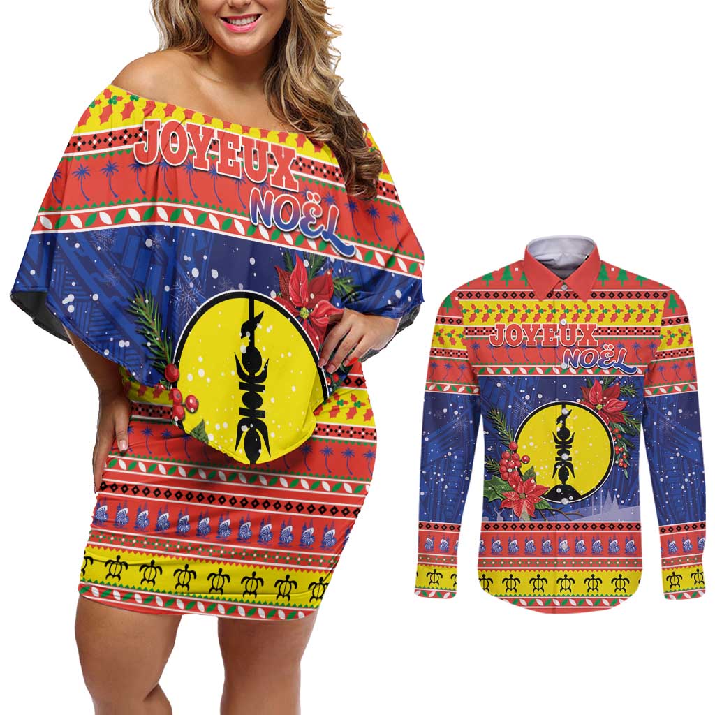New Caledonia Christmas Couples Matching Off Shoulder Short Dress and Long Sleeve Button Shirt Kanaky Poinsettia Joyeux Noel LT05 Red - Polynesian Pride