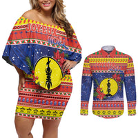 New Caledonia Christmas Couples Matching Off Shoulder Short Dress and Long Sleeve Button Shirt Kanaky Poinsettia Joyeux Noel LT05 Red - Polynesian Pride