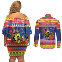 New Caledonia Christmas Couples Matching Off Shoulder Short Dress and Long Sleeve Button Shirt Kanaky Poinsettia Joyeux Noel LT05 - Polynesian Pride