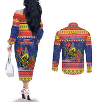 New Caledonia Christmas Couples Matching Off The Shoulder Long Sleeve Dress and Long Sleeve Button Shirt Kanaky Poinsettia Joyeux Noel LT05 - Polynesian Pride