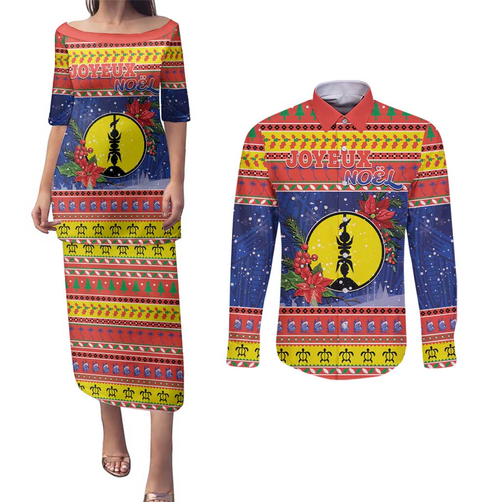 New Caledonia Christmas Couples Matching Puletasi and Long Sleeve Button Shirt Kanaky Poinsettia Joyeux Noel LT05 Red - Polynesian Pride
