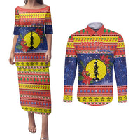 New Caledonia Christmas Couples Matching Puletasi and Long Sleeve Button Shirt Kanaky Poinsettia Joyeux Noel LT05 Red - Polynesian Pride