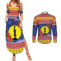 New Caledonia Christmas Couples Matching Summer Maxi Dress and Long Sleeve Button Shirt Kanaky Poinsettia Joyeux Noel LT05 Red - Polynesian Pride