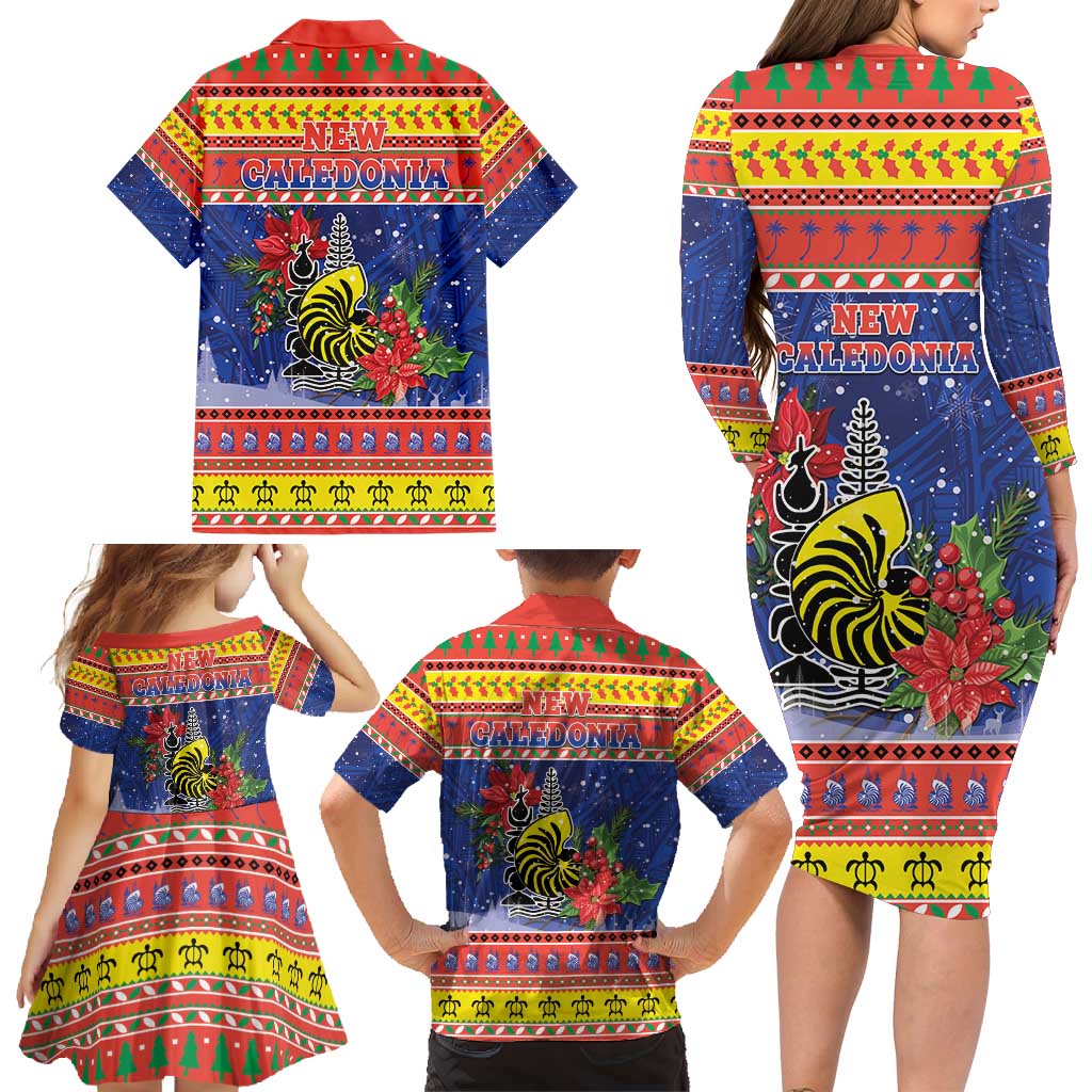 New Caledonia Christmas Family Matching Long Sleeve Bodycon Dress and Hawaiian Shirt Kanaky Poinsettia Joyeux Noel LT05 - Polynesian Pride