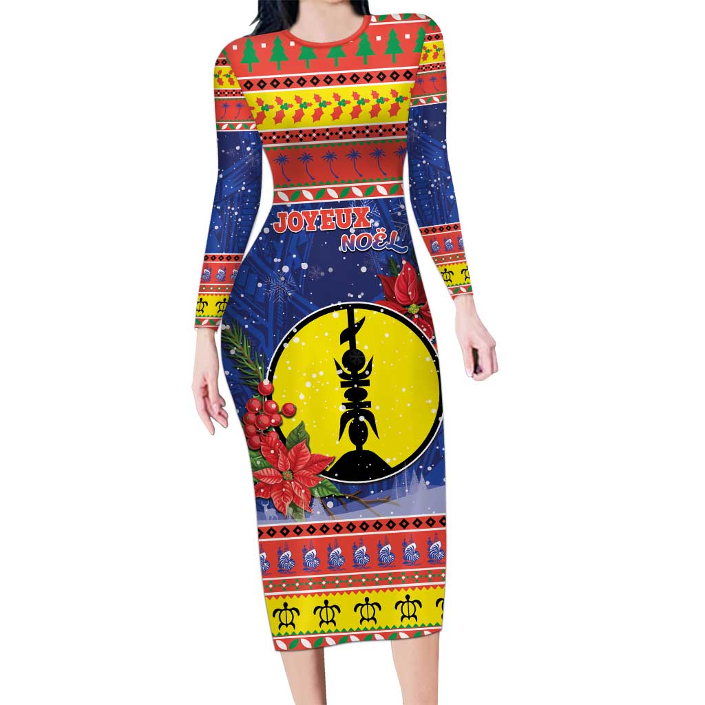 New Caledonia Christmas Family Matching Long Sleeve Bodycon Dress and Hawaiian Shirt Kanaky Poinsettia Joyeux Noel LT05 Mom's Dress Red - Polynesian Pride