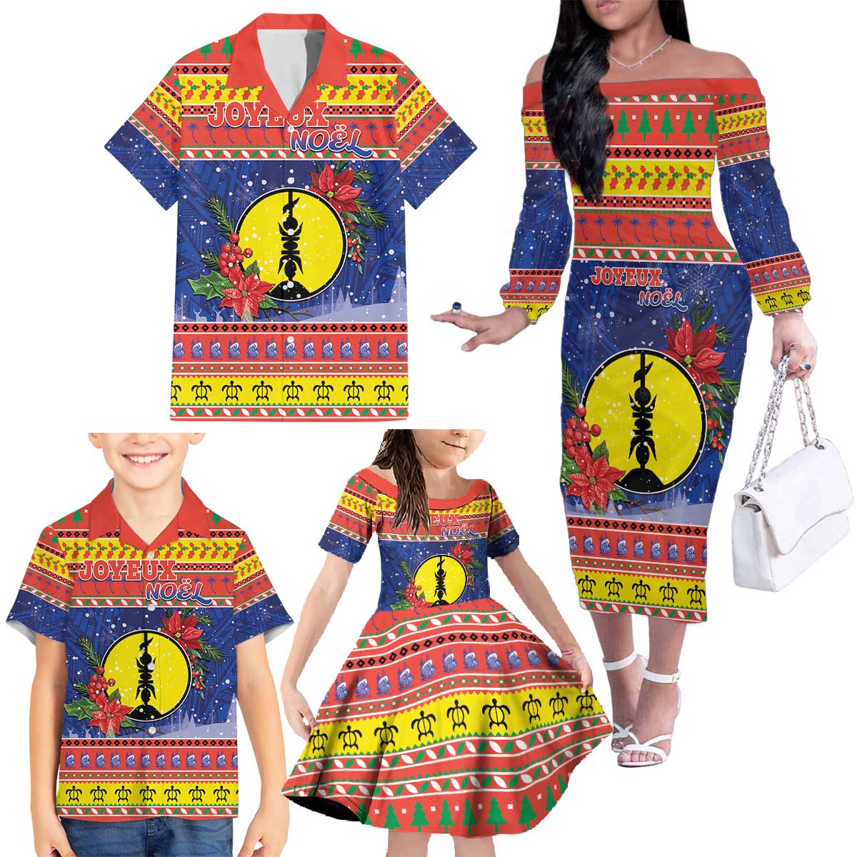 New Caledonia Christmas Family Matching Off The Shoulder Long Sleeve Dress and Hawaiian Shirt Kanaky Poinsettia Joyeux Noel LT05 - Polynesian Pride