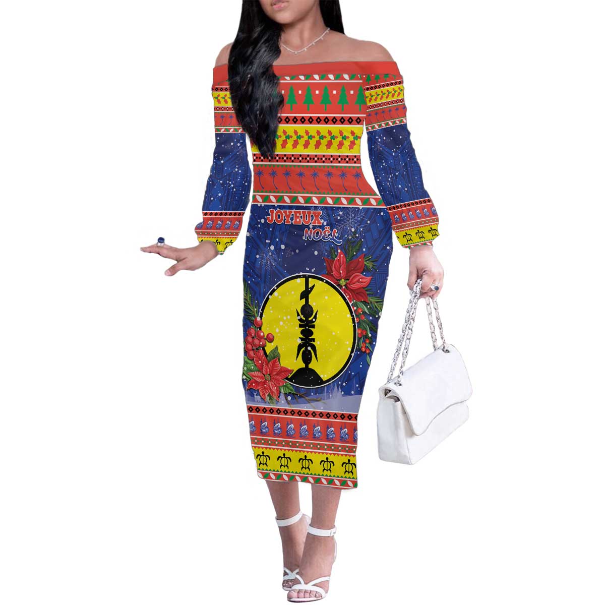 New Caledonia Christmas Family Matching Off The Shoulder Long Sleeve Dress and Hawaiian Shirt Kanaky Poinsettia Joyeux Noel LT05 Mom's Dress Red - Polynesian Pride