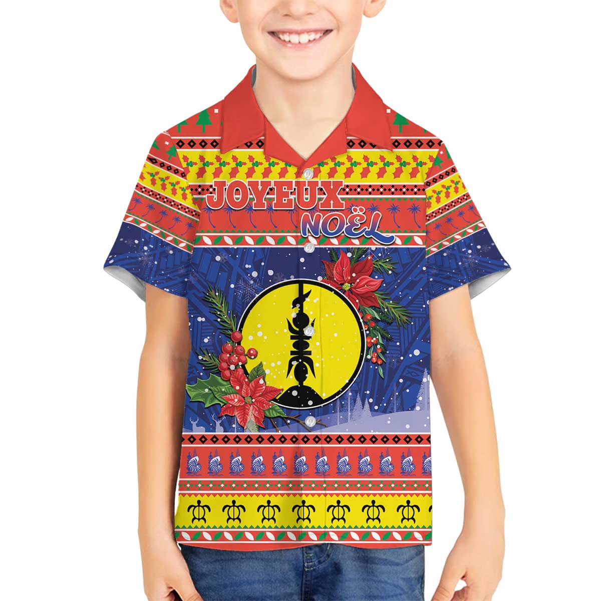 New Caledonia Christmas Family Matching Off The Shoulder Long Sleeve Dress and Hawaiian Shirt Kanaky Poinsettia Joyeux Noel LT05 Son's Shirt Red - Polynesian Pride