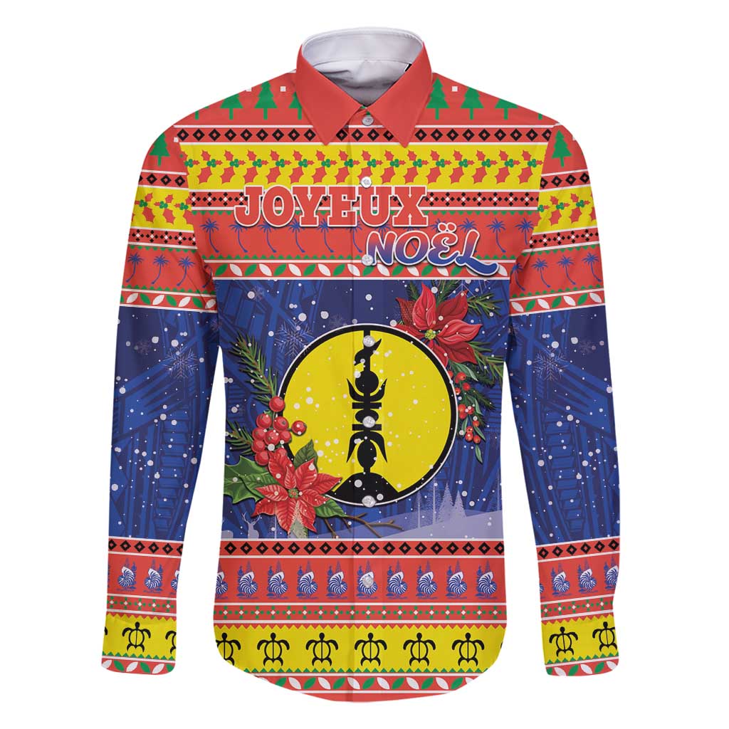 New Caledonia Christmas Family Matching Off Shoulder Maxi Dress and Hawaiian Shirt Kanaky Poinsettia Joyeux Noel LT05 Dad's Shirt - Long Sleeve Red - Polynesian Pride