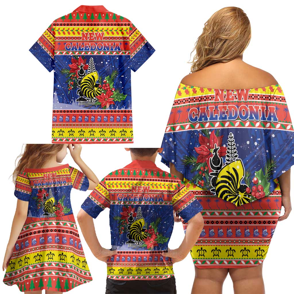 New Caledonia Christmas Family Matching Off Shoulder Short Dress and Hawaiian Shirt Kanaky Poinsettia Joyeux Noel LT05 - Polynesian Pride
