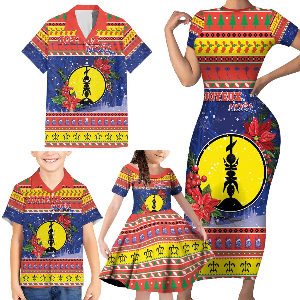 New Caledonia Christmas Family Matching Short Sleeve Bodycon Dress and Hawaiian Shirt Kanaky Poinsettia Joyeux Noel LT05 - Polynesian Pride
