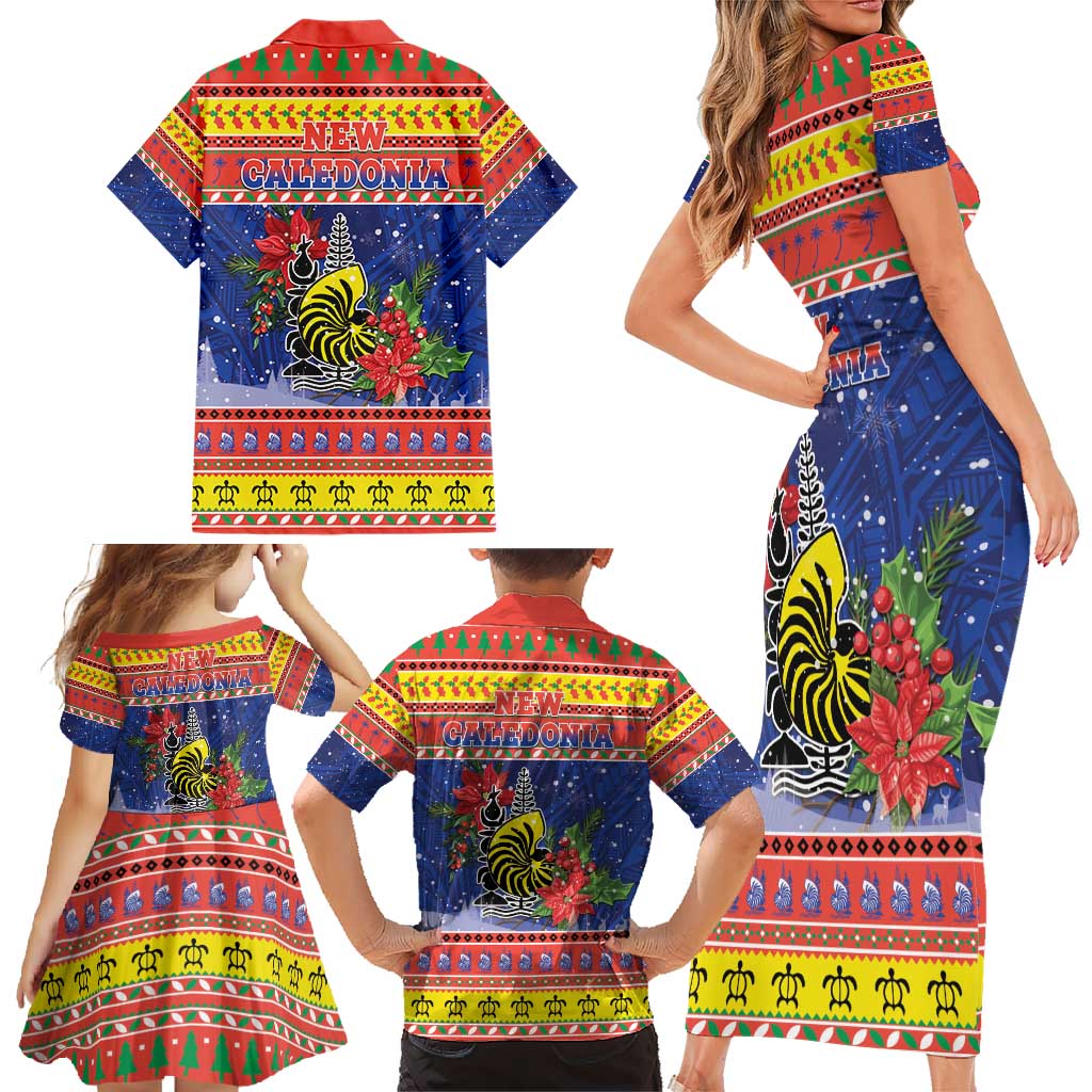 New Caledonia Christmas Family Matching Short Sleeve Bodycon Dress and Hawaiian Shirt Kanaky Poinsettia Joyeux Noel LT05 - Polynesian Pride