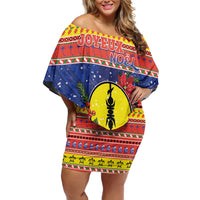 New Caledonia Christmas Off Shoulder Short Dress Kanaky Poinsettia Joyeux Noel LT05 Women Red - Polynesian Pride