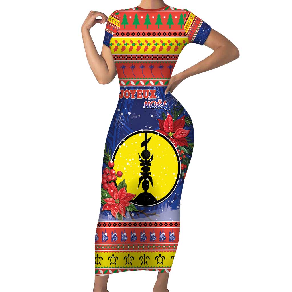 New Caledonia Christmas Short Sleeve Bodycon Dress Kanaky Poinsettia Joyeux Noel LT05 Long Dress Red - Polynesian Pride