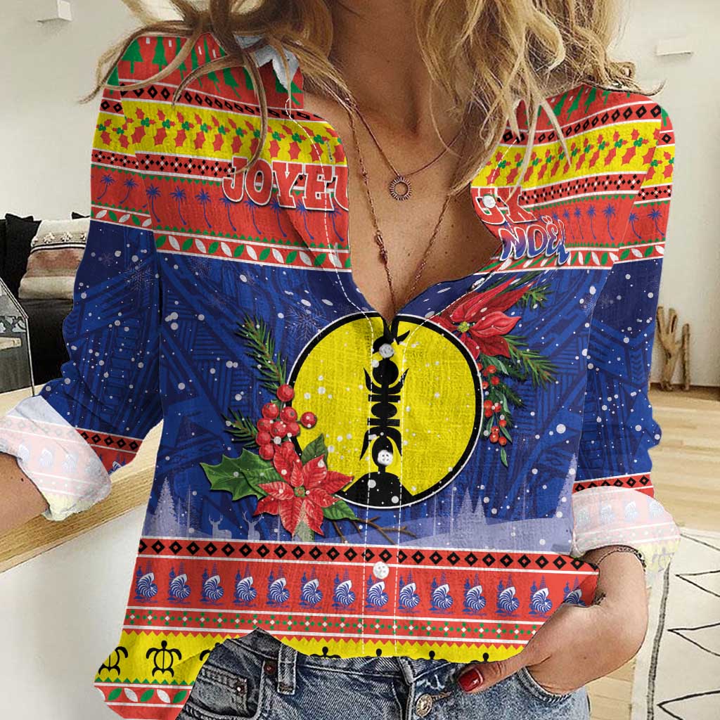 New Caledonia Christmas Women Casual Shirt Kanaky Poinsettia Joyeux Noel LT05 Female Red - Polynesian Pride