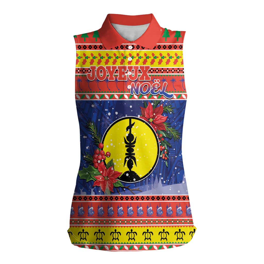 New Caledonia Christmas Women Sleeveless Polo Shirt Kanaky Poinsettia Joyeux Noel LT05 Female Red - Polynesian Pride