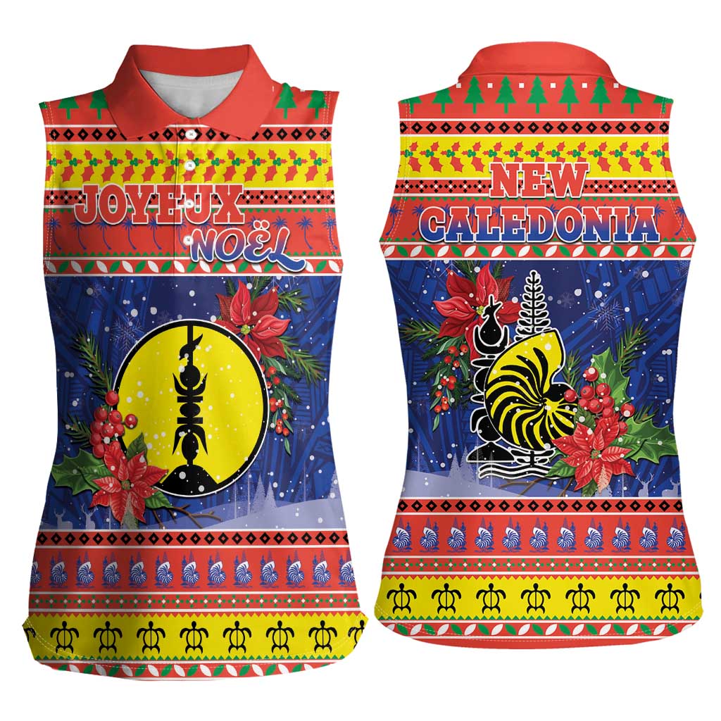 New Caledonia Christmas Women Sleeveless Polo Shirt Kanaky Poinsettia Joyeux Noel LT05 - Polynesian Pride