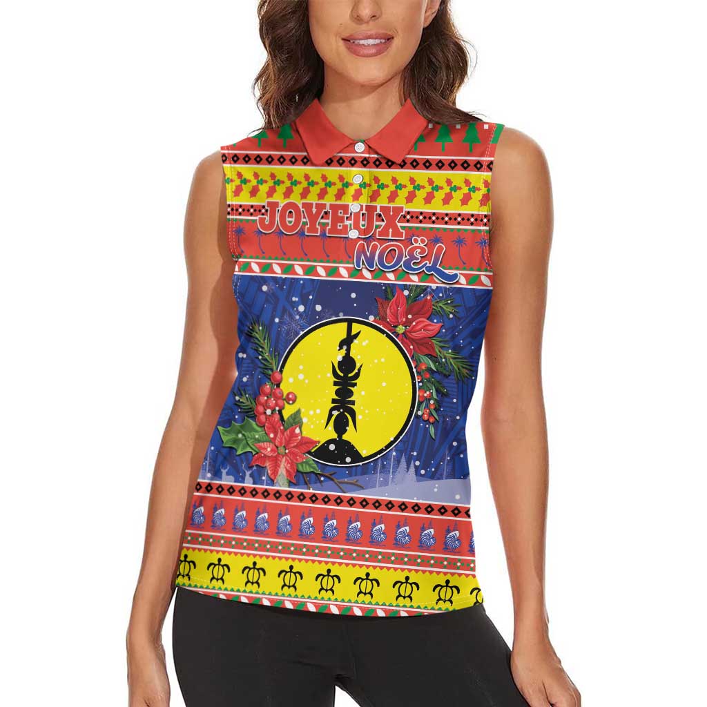 New Caledonia Christmas Women Sleeveless Polo Shirt Kanaky Poinsettia Joyeux Noel LT05 - Polynesian Pride