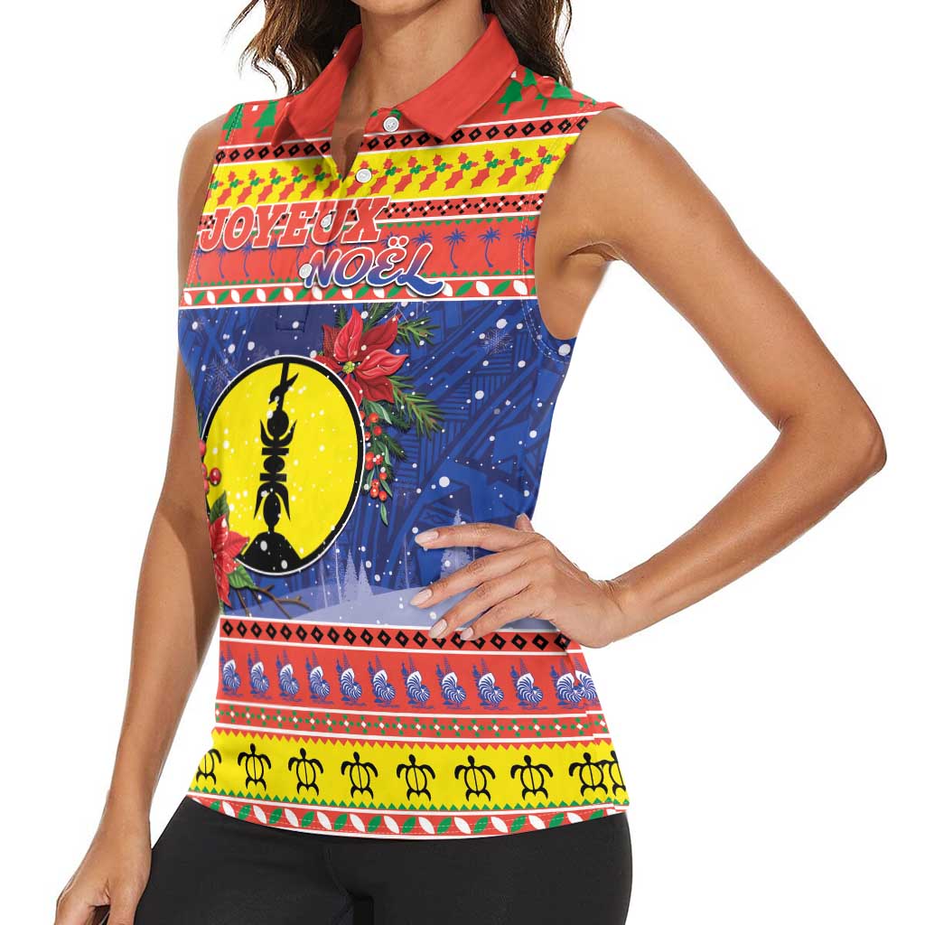 New Caledonia Christmas Women Sleeveless Polo Shirt Kanaky Poinsettia Joyeux Noel LT05 - Polynesian Pride