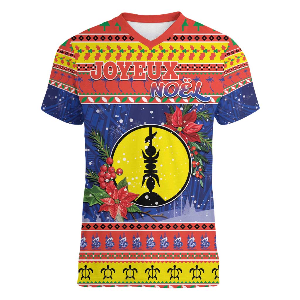 New Caledonia Christmas Women V-Neck T-Shirt Kanaky Poinsettia Joyeux Noel LT05 Female Red - Polynesian Pride