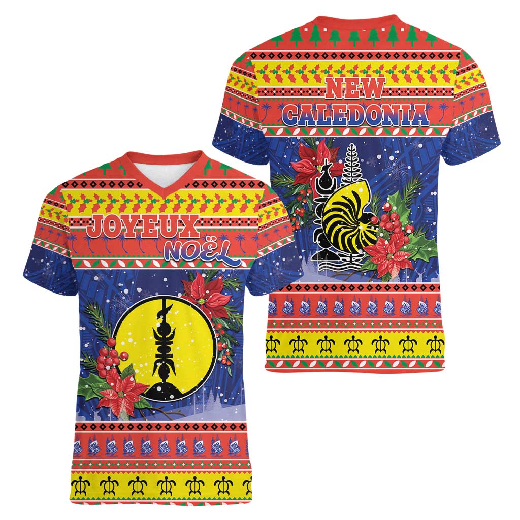 New Caledonia Christmas Women V-Neck T-Shirt Kanaky Poinsettia Joyeux Noel LT05 - Polynesian Pride