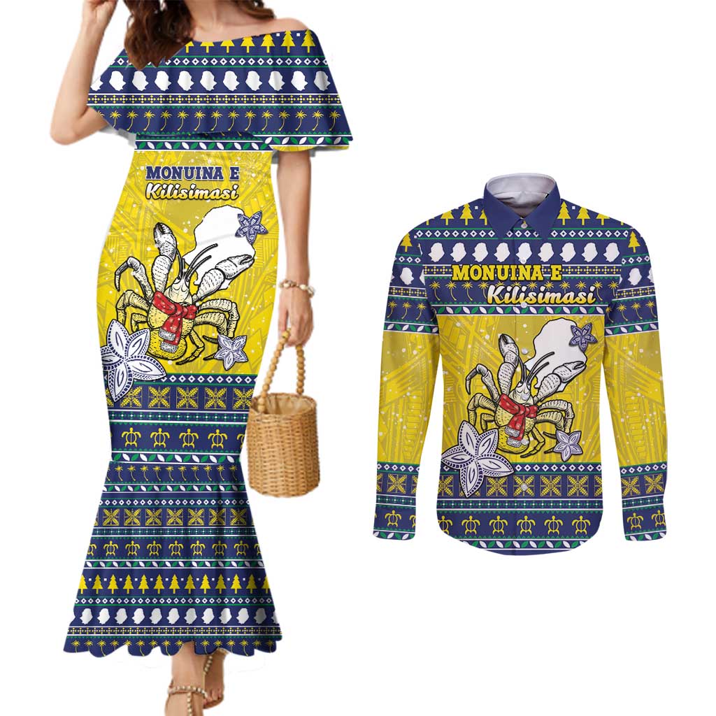 Niue The Rock Christmas Couples Matching Mermaid Dress and Long Sleeve Button Shirt Niuean Crab Monuina E Kilisimasi LT05 Blue - Polynesian Pride