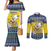 Niue The Rock Christmas Couples Matching Mermaid Dress and Long Sleeve Button Shirt Niuean Crab Monuina E Kilisimasi LT05 Blue - Polynesian Pride