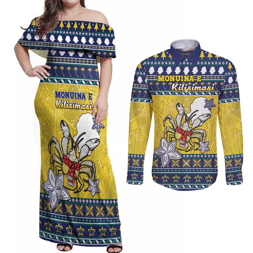Niue The Rock Christmas Couples Matching Off Shoulder Maxi Dress and Long Sleeve Button Shirt Niuean Crab Monuina E Kilisimasi LT05 Blue - Polynesian Pride