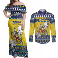 Niue The Rock Christmas Couples Matching Off Shoulder Maxi Dress and Long Sleeve Button Shirt Niuean Crab Monuina E Kilisimasi LT05 Blue - Polynesian Pride