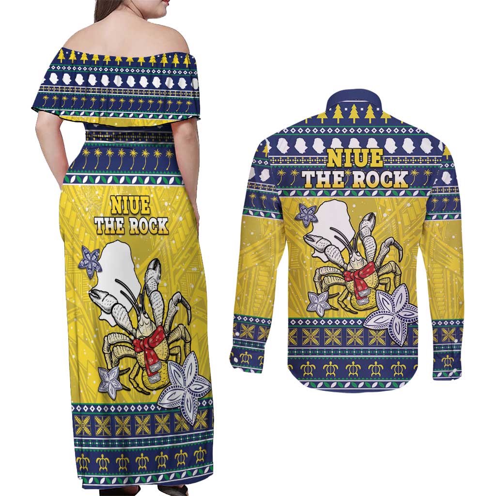 Niue The Rock Christmas Couples Matching Off Shoulder Maxi Dress and Long Sleeve Button Shirt Niuean Crab Monuina E Kilisimasi LT05 - Polynesian Pride
