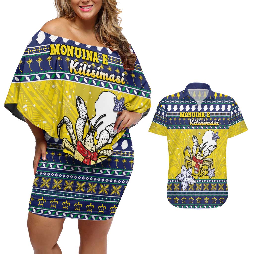 Niue The Rock Christmas Couples Matching Off Shoulder Short Dress and Hawaiian Shirt Niuean Crab Monuina E Kilisimasi LT05 Blue - Polynesian Pride