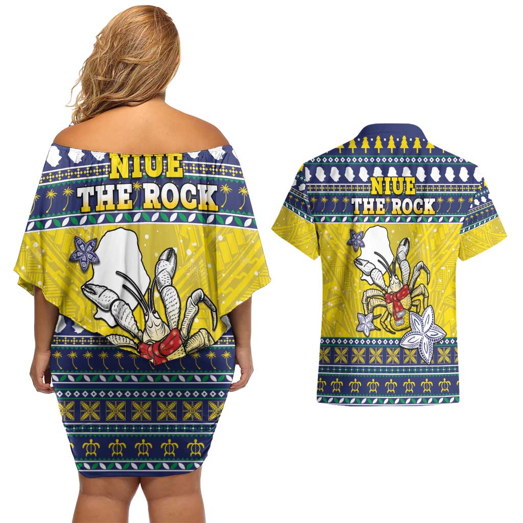 Niue The Rock Christmas Couples Matching Off Shoulder Short Dress and Hawaiian Shirt Niuean Crab Monuina E Kilisimasi LT05 - Polynesian Pride