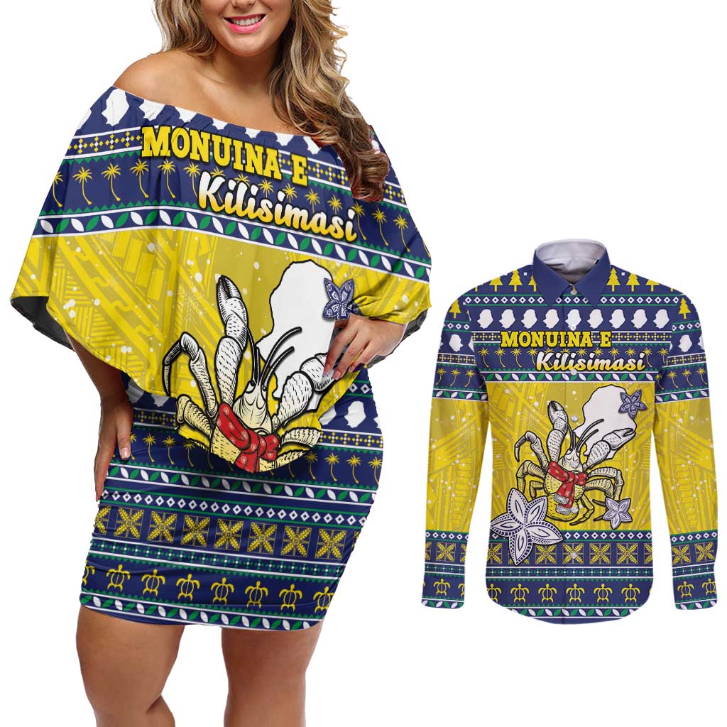 Niue The Rock Christmas Couples Matching Off Shoulder Short Dress and Long Sleeve Button Shirt Niuean Crab Monuina E Kilisimasi LT05 Blue - Polynesian Pride