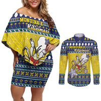Niue The Rock Christmas Couples Matching Off Shoulder Short Dress and Long Sleeve Button Shirt Niuean Crab Monuina E Kilisimasi LT05 Blue - Polynesian Pride