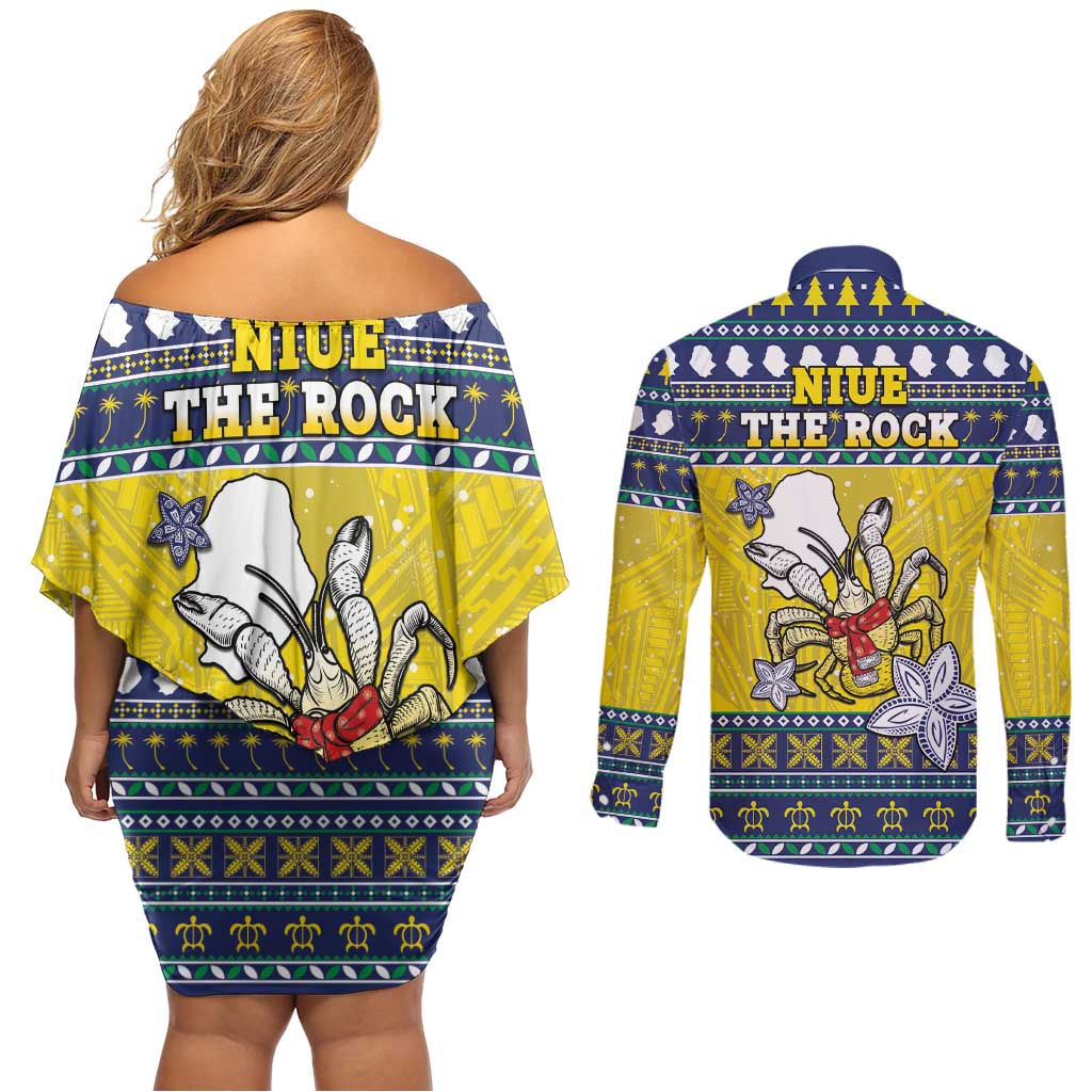Niue The Rock Christmas Couples Matching Off Shoulder Short Dress and Long Sleeve Button Shirt Niuean Crab Monuina E Kilisimasi LT05 - Polynesian Pride